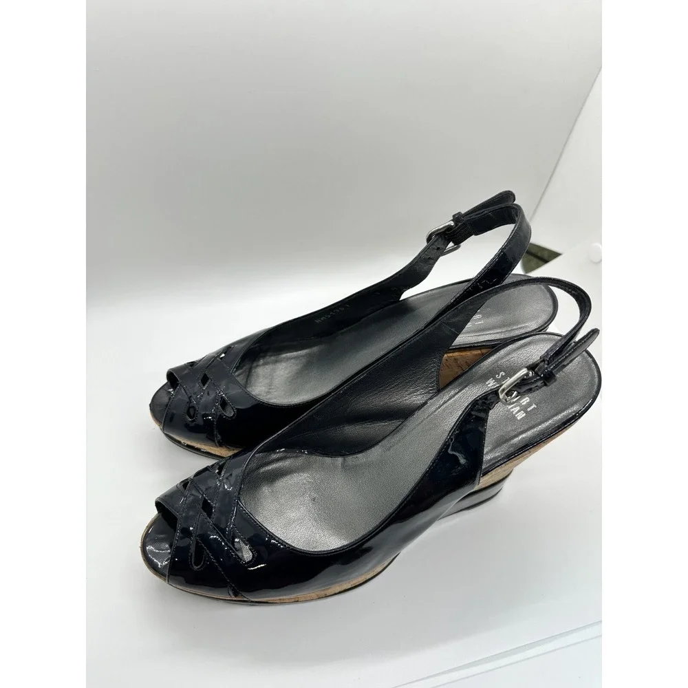 Stuart Weitzman Dolunch Patent Leather Espadrille Wedge Heel Sandals‎ Black 9M